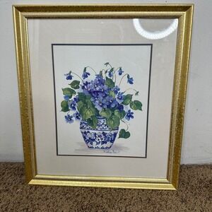 Barbara Mock Violets in Blue White Vase Framed Floral Art Print Gold Frame 17x19